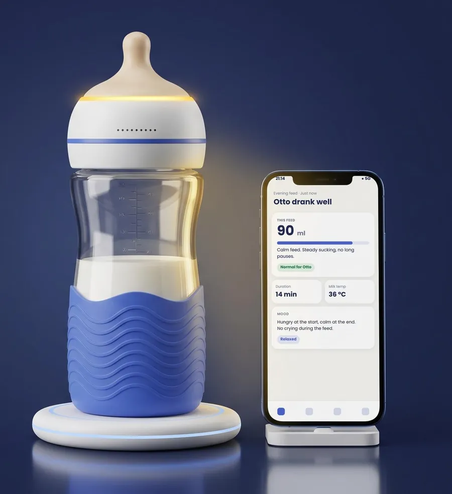The BebiQ bottle on its glowing charging base next to a phone. The app says: Otto drank well, 90 ml, normal for Otto.