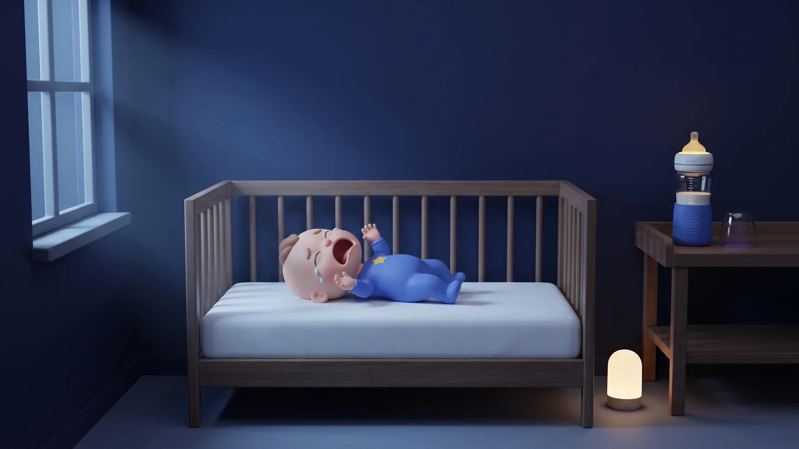 A dark nursery at night. Otto lies in his crib and cries. The BebiQ bottle stands on the changing table.