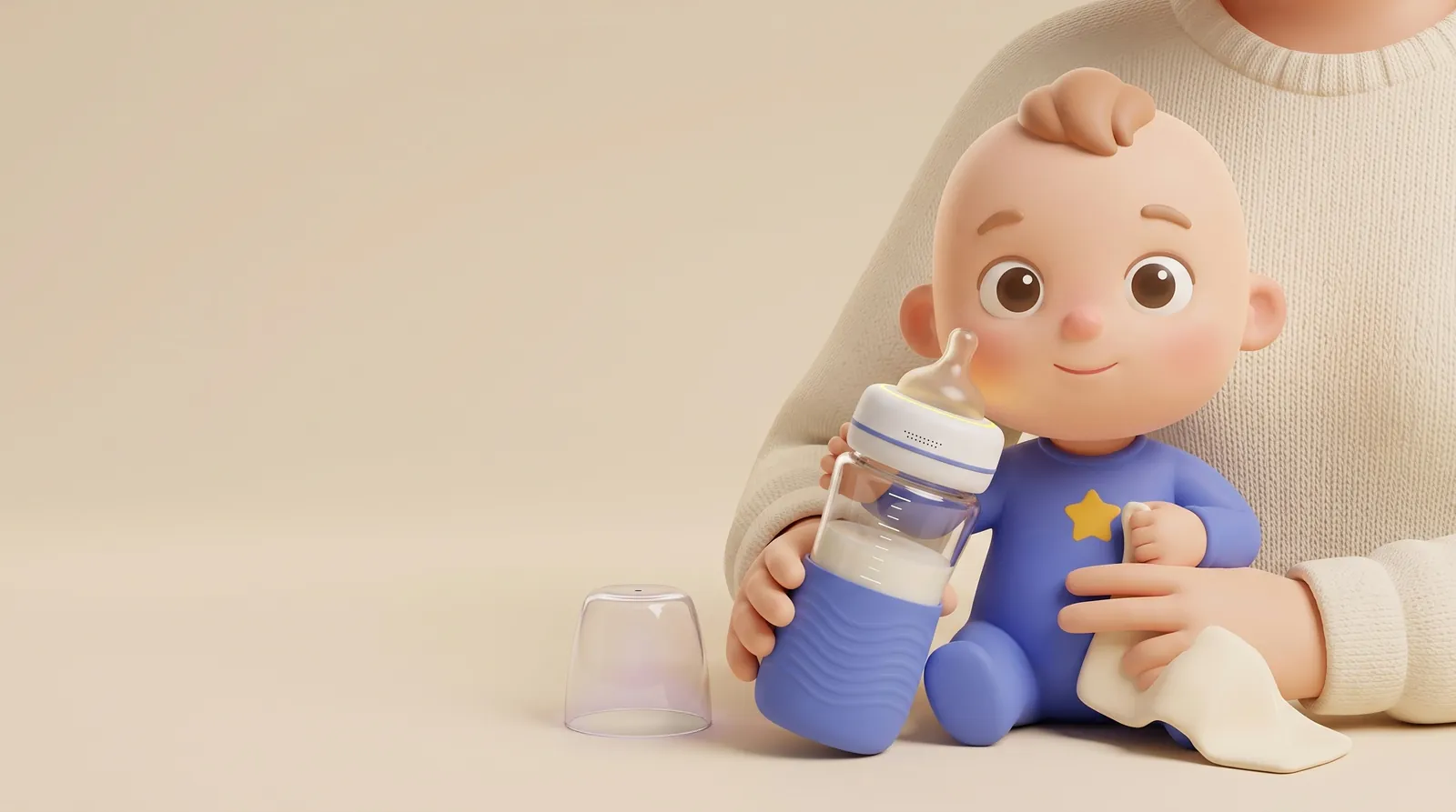 Otto sits on his parent's lap, smiles and holds his BebiQ bottle.