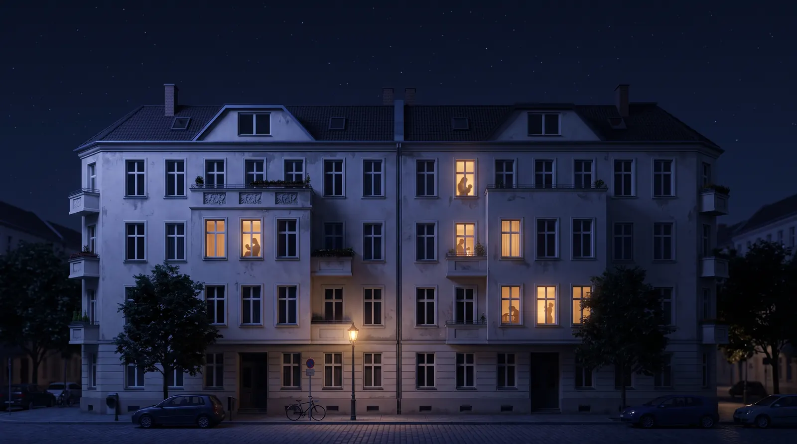 An apartment building at night. Behind a few lit windows, parents are up with their babies.